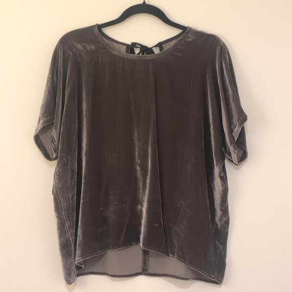 Madewell Silver Velvet Top w/ Black Ribbon Tie - Picture 3 of 7